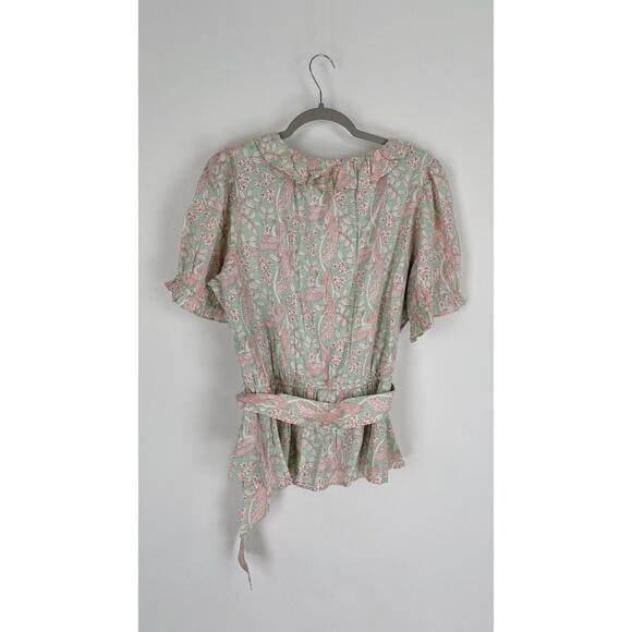 LC Lauren Conrad Womens Peacock Floral Wrap Blouse Short Sleeve XL Green NWT - Picture 6 of 13